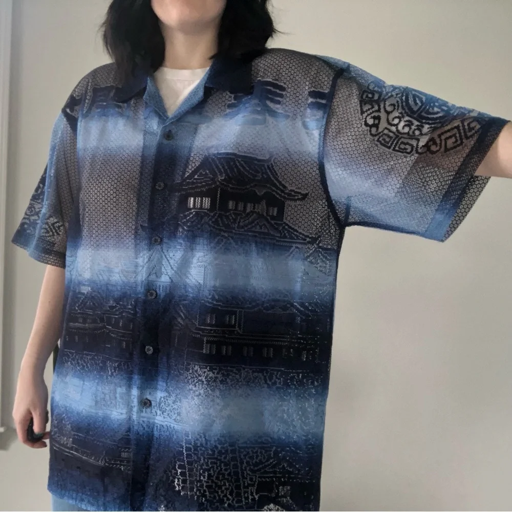 ❤️ LAST DAY Vintage Y2K B212 NYC Japanese Pagoda Mesh S/S Button Down Shirt - Picture 5 of 13